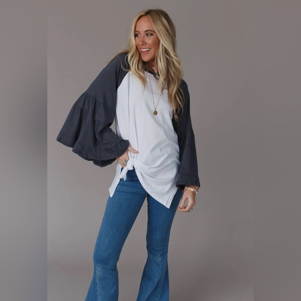 Three Bird Nest White Tunic with Charcoal Bell Sleeves